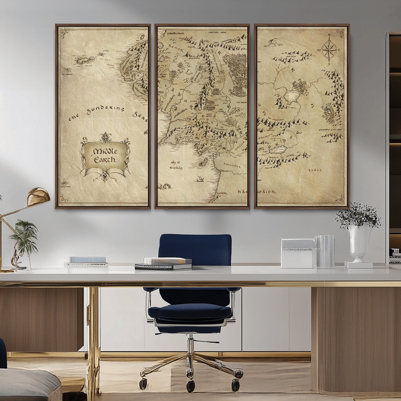 21784-MGV-CV-36X24-Vintage Middle Earth Map Wall Art Canvas – Lord of the Rings Inspired Framed Map Print, Classic Fantasy Decor for Home, Office