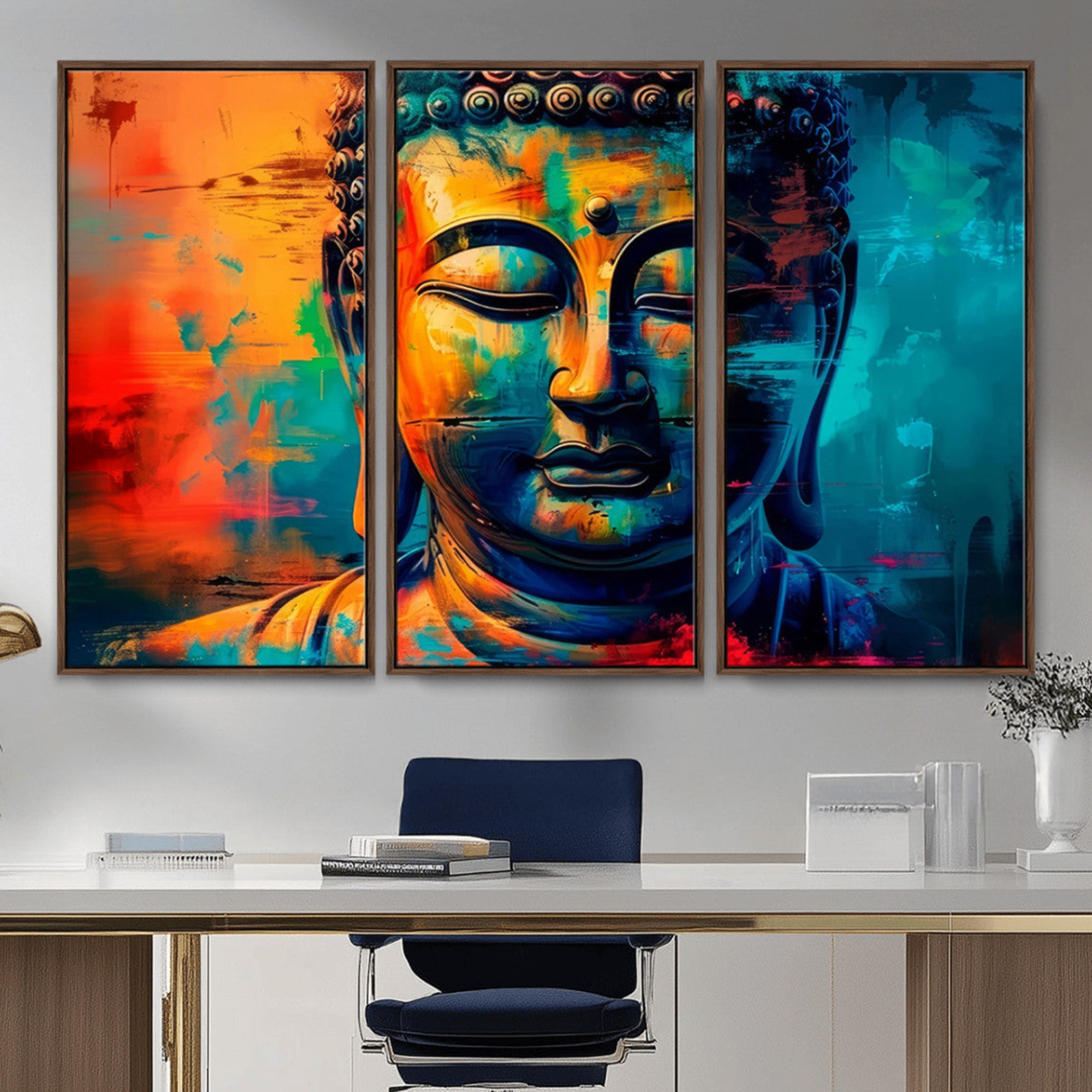 A vibrant, abstract artistic rendition of a Buddha statue face, blending bold and contrasting colors to evoke a sense of peace, spirituality, and enlightenment.