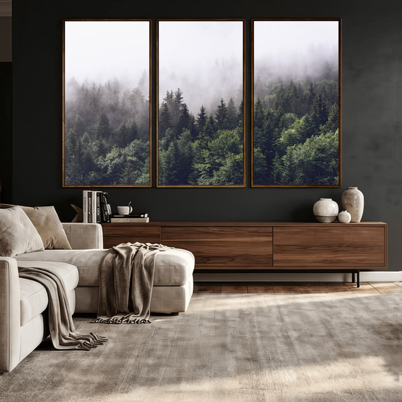 42578900-MGV-CV-36X24 - Misty Forest Canvas Wall Art – Serene Triptych Nature Print – Woodland Landscape Decor for Living