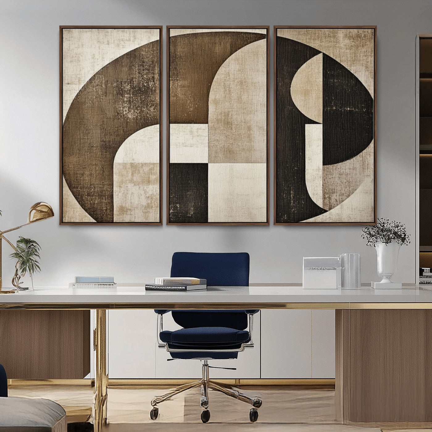 44796-MGV-FC-48X32-3P_Walnut-Wabi Sabi Abstract Wall Art | Geometric Modern Minimalist Canvas Print with Neutral Mid Century Art