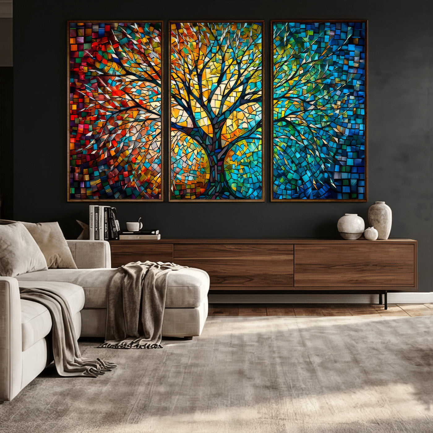99325-MGV-CV-36X24 - Yggdrasil Tree of Life Wall Art Print Canvas | Mosaic Style 3-Panel Canvas Print