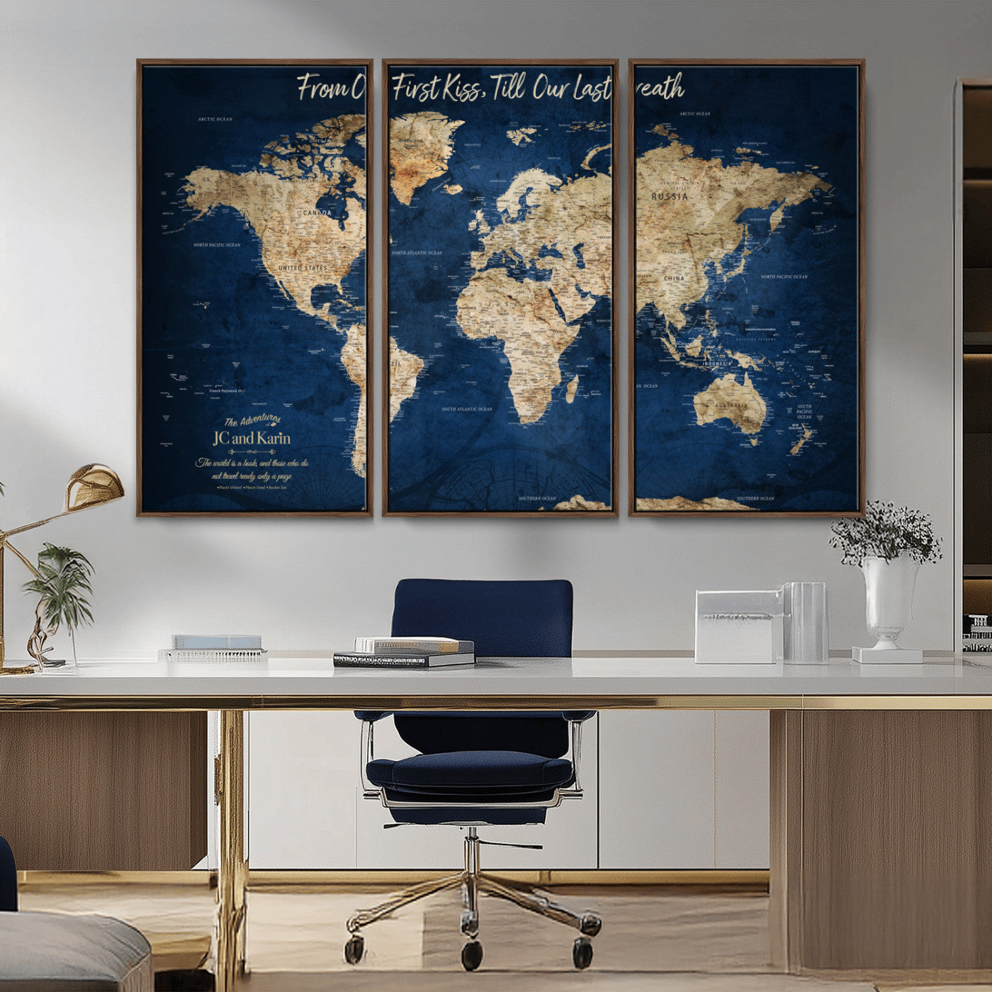 -Personalized Push Pin World Map Canvas Print – Custom Couple Travel Tracker Wall Art, Framed Anniversary Gift for Home Decor