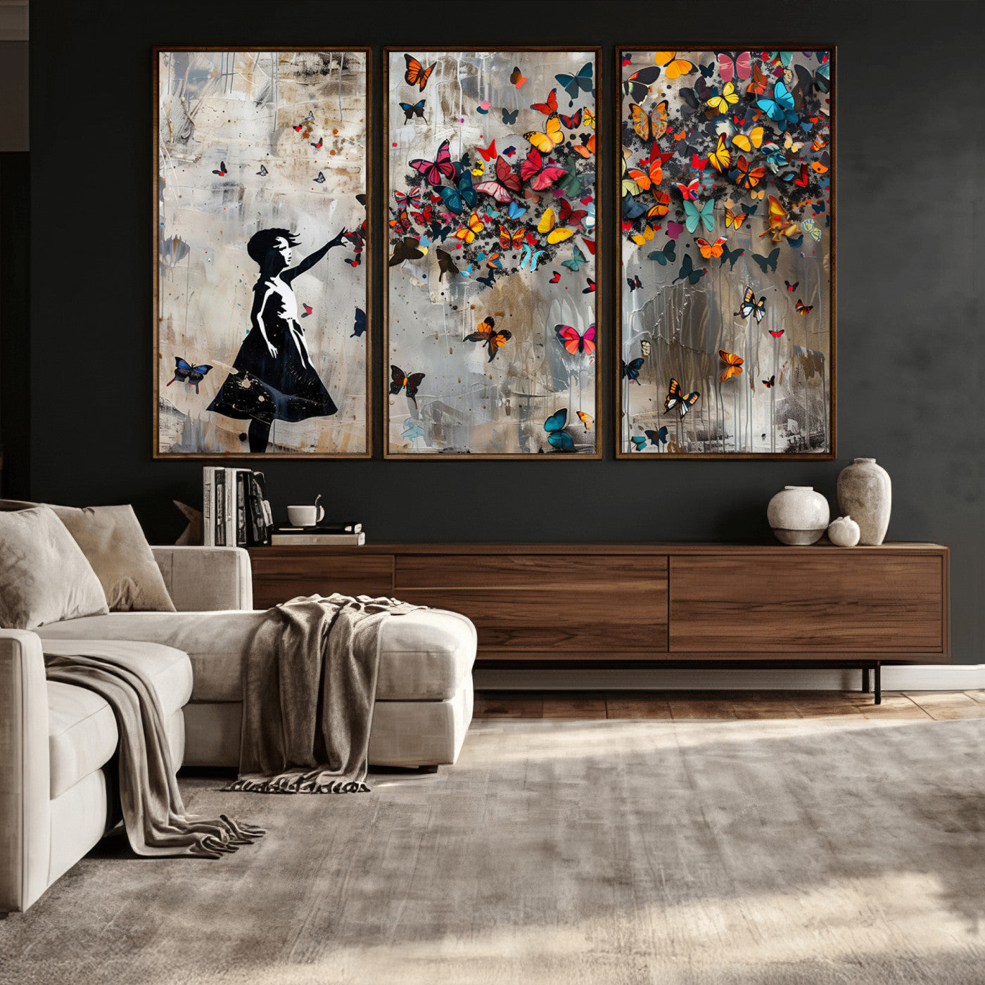 51446-MGV-CV-36X24 - Banksy Butterfly Girl Wall Art | 3-Piece Butterfly Girl Canvas