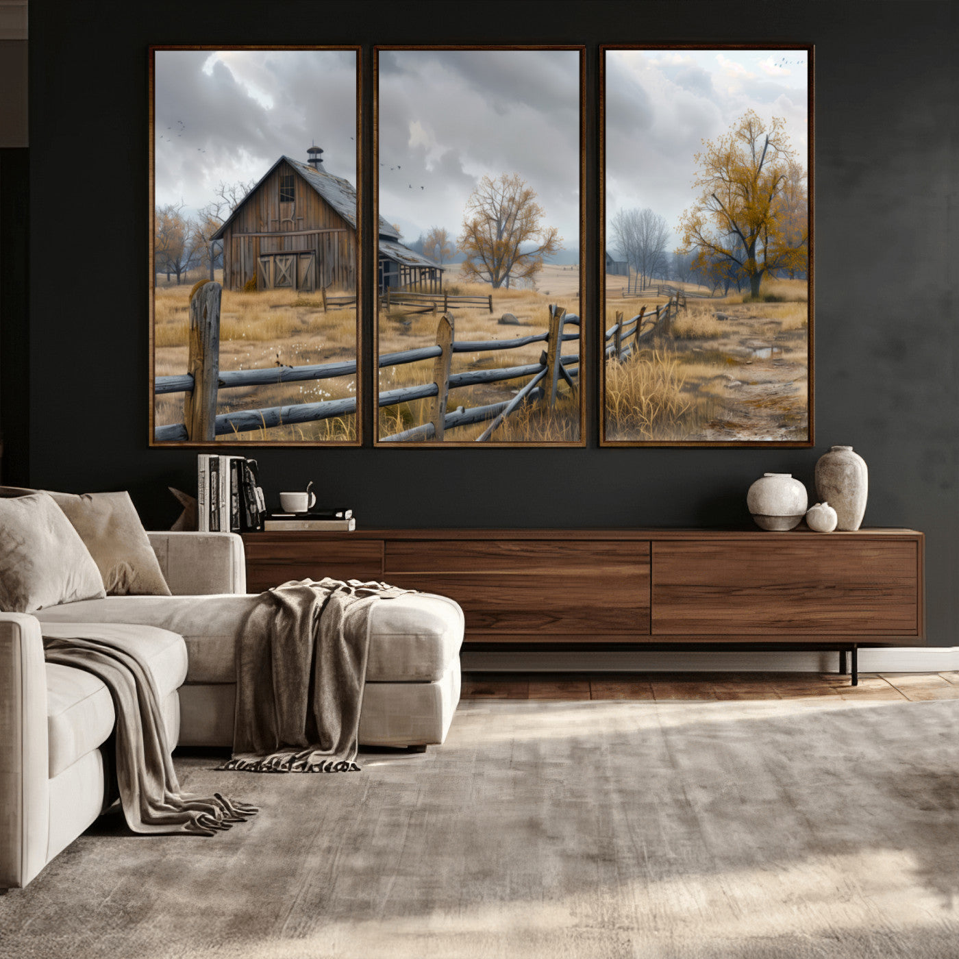 Farm1-MGV-CV-36X24 - Rustic Autumn Farmhouse Wall Art Canvas Print – Serene Countryside Scene with Weathered Barn and