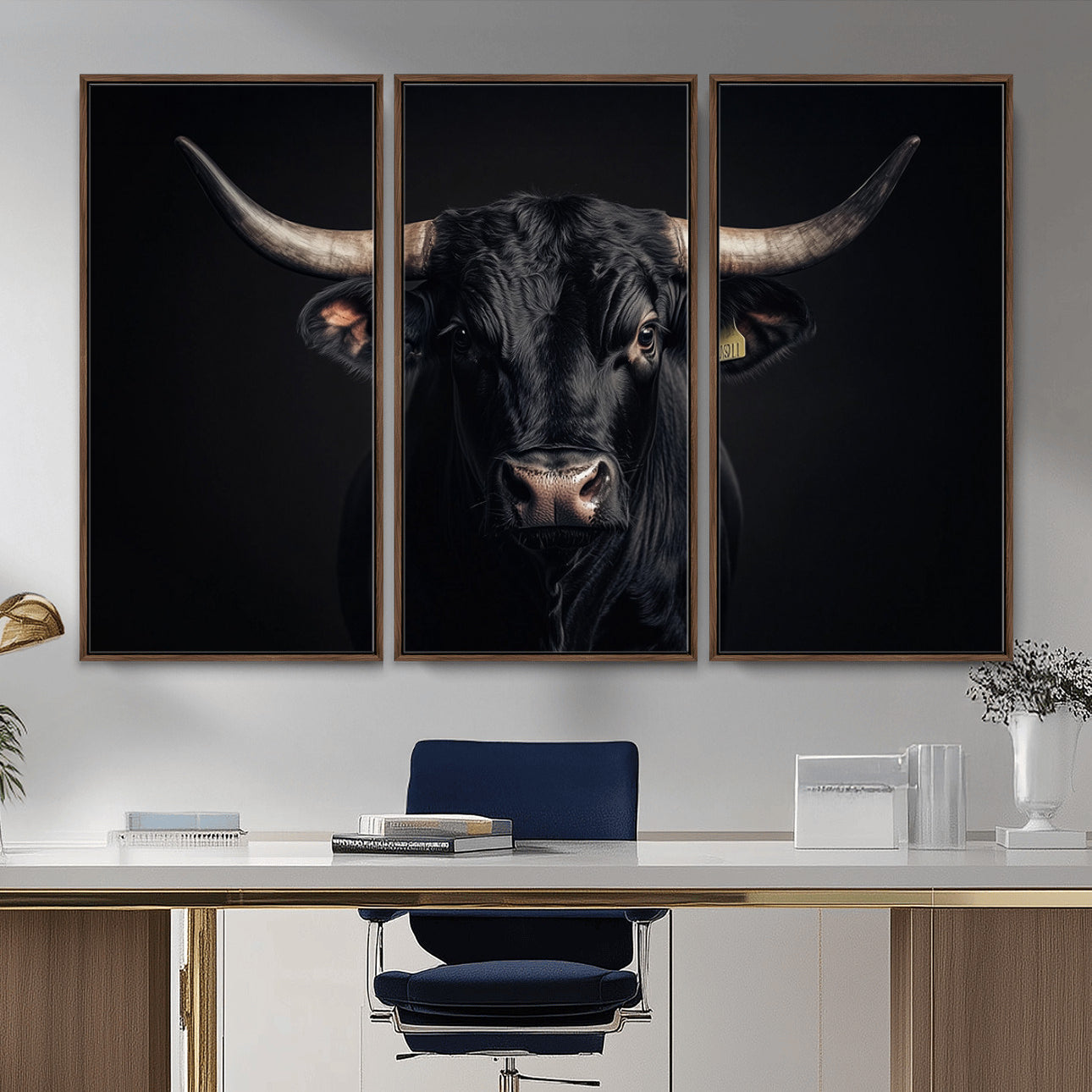 MGV-FC-48X32-3P - Black Bull Wall Art – Framed Horned Bull Canvas Artwork, Western Cattle Design, Rustic Ranch Style Decor for Home, Office