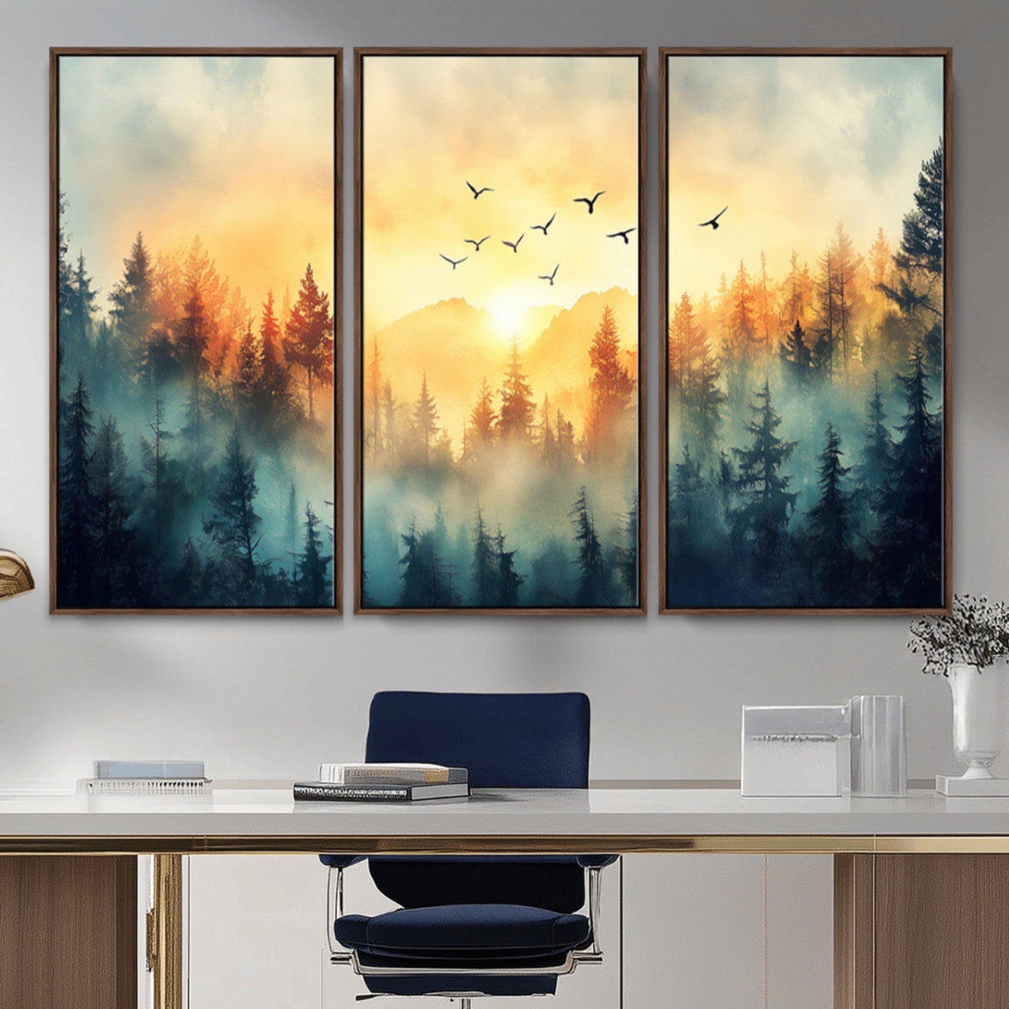 Canvas of a misty pine forest at sunrise with golden light and birds flying across the sky, perfect for tranquil nature-themed wall decor.
