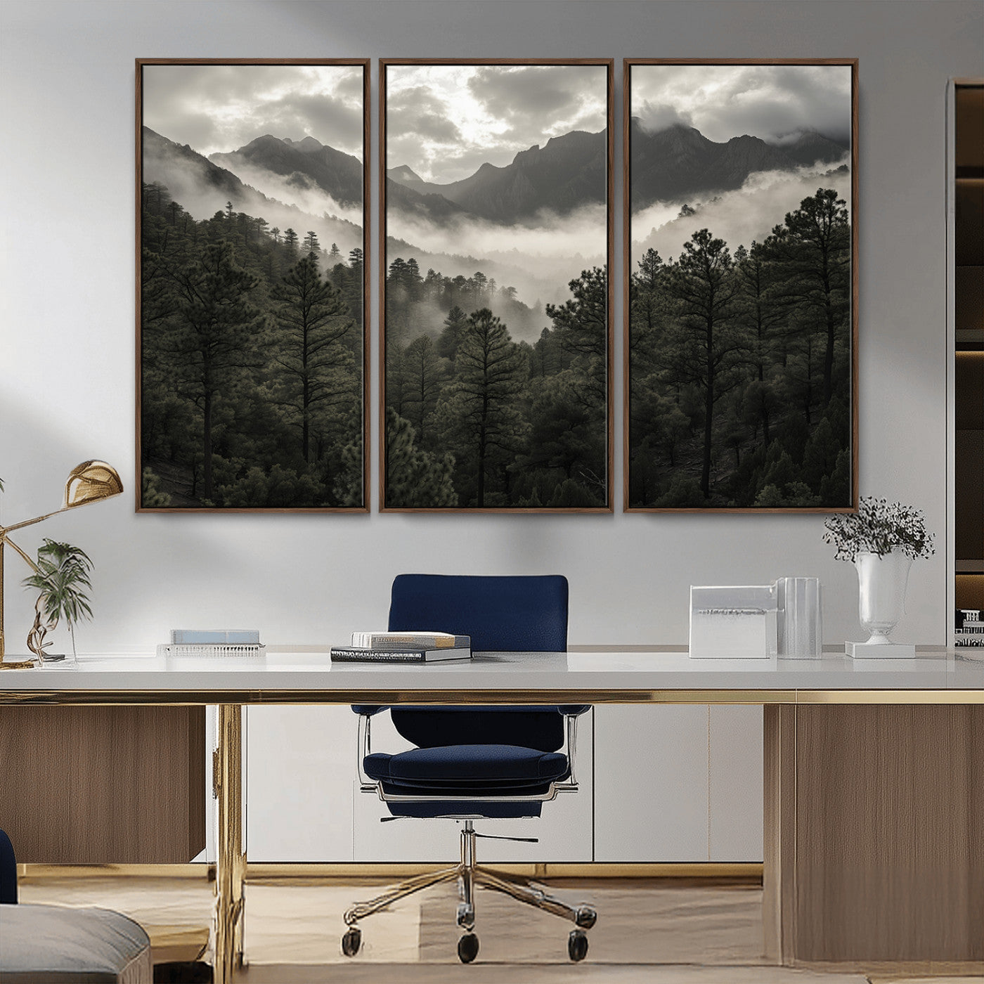 Canvas of moody pine forest and foggy mountain peaks under overcast skies, ideal for calm and rustic woodland-themed home decor.