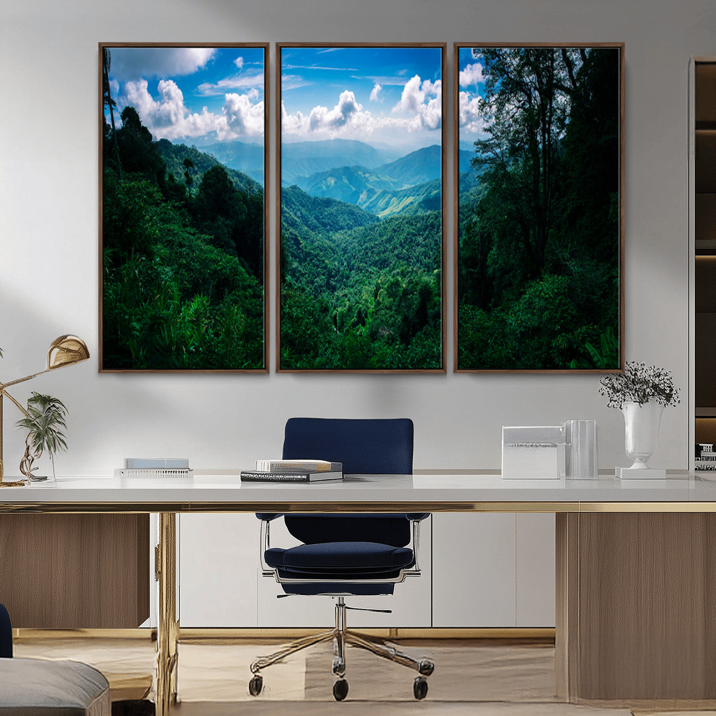 Canvas of a misty tropical jungle with vibrant greenery and layered blue mountains, ideal for exotic nature-themed wall décor.