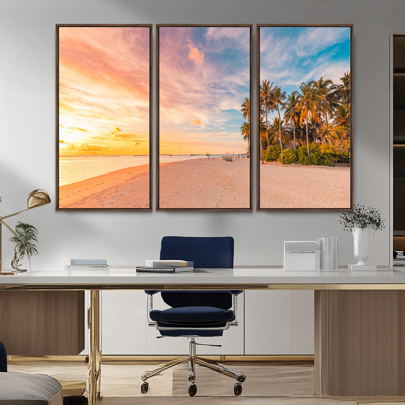 41542880-MGV-CV-48X32-3P-Tropical Beach Wall Art Canvas Print – Framed Palm Trees Sunset Shoreline Coastal Ocean View Decor for Home, Office