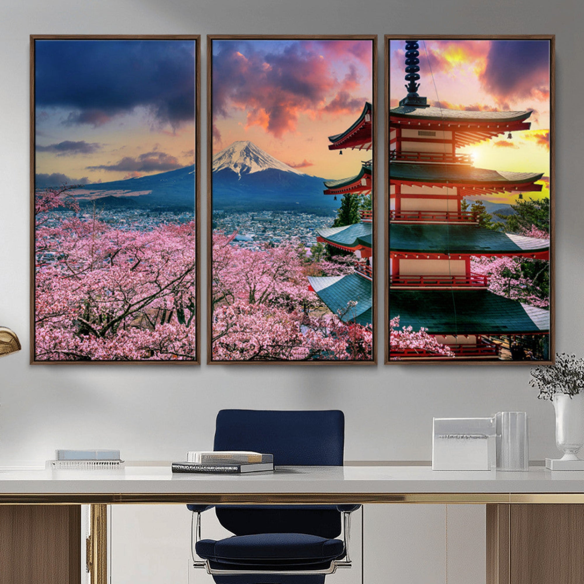 Mount Fuji & Cherry Blossom Wall Art Canvas Print – Iconic Japanese Landscape, Sakura Pagoda Sunset, Multi-Panel Framed Artwork for Home, Office & Zen Decor
