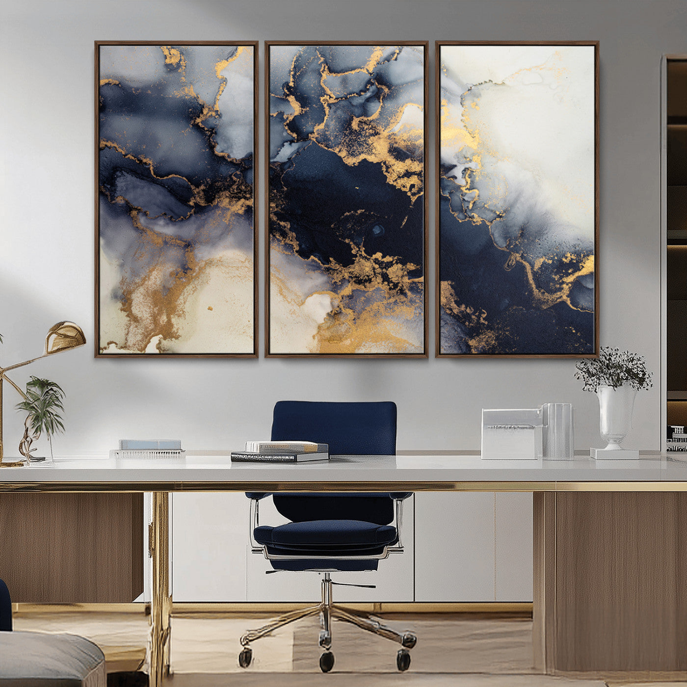 41136487-MGV-CV-48X32-3P-Black Marble Wall Art Canvas Print – Framed Abstract Gold Veins Elegant Luxury Design Decor for Home, Office