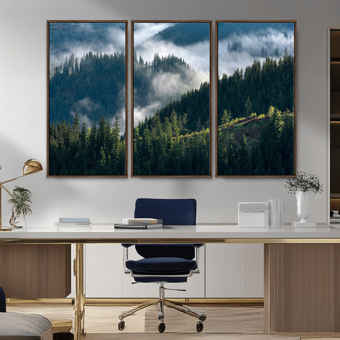 Moody canvas of misty pine forests over layered hills, perfect for cool-toned nature-inspired or woodland-style home decor.