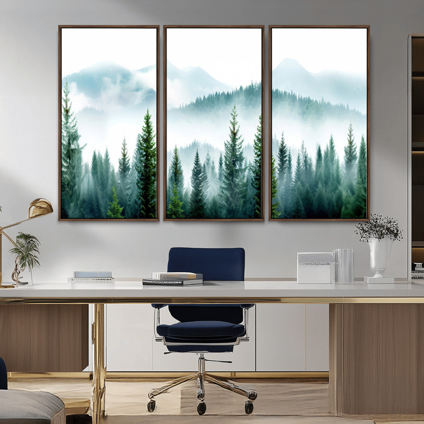 Canvas of pine forest and misty mountain layers in cool tones, perfect for moody forest or serene nature-inspired home decor.