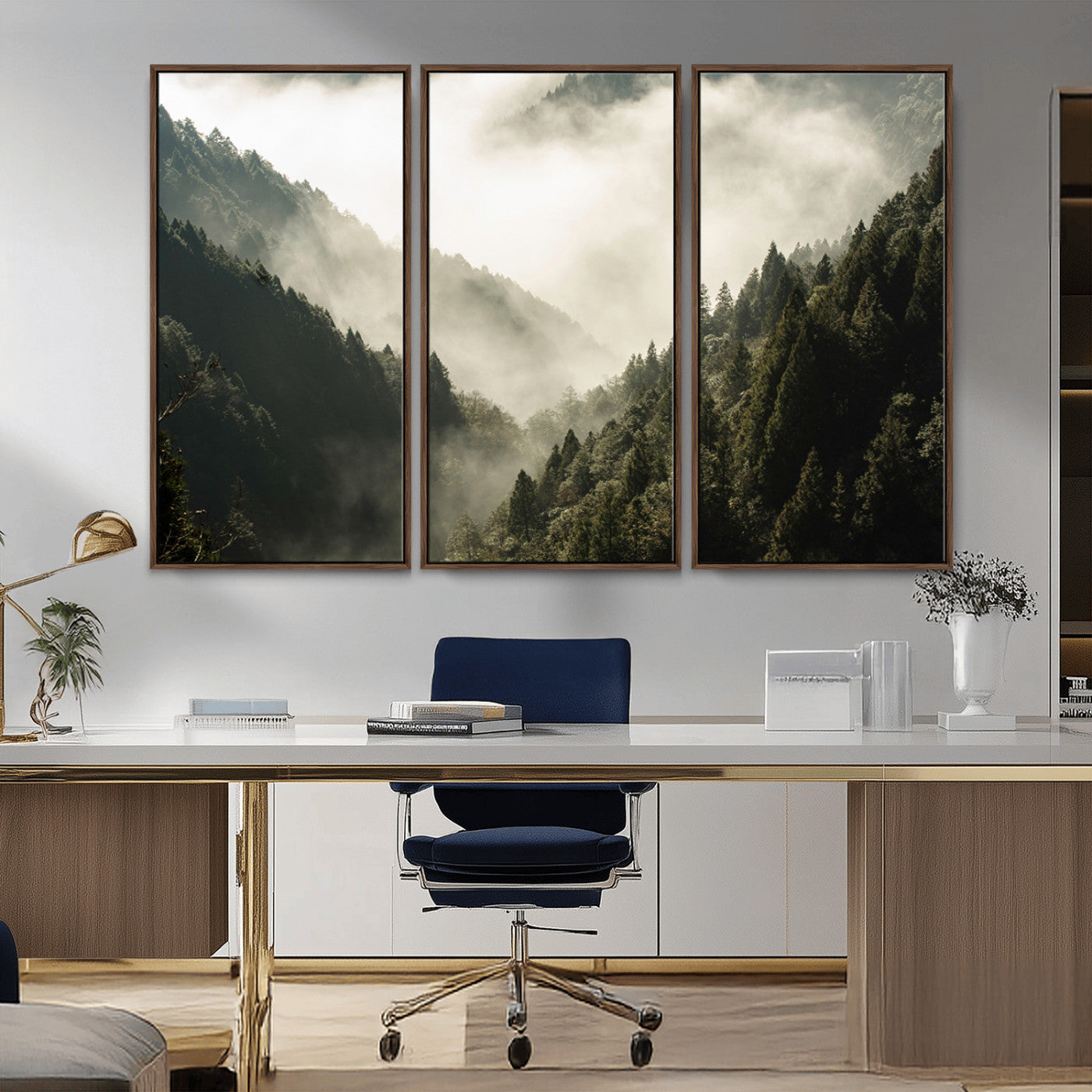 Canvas showing a misty pine forest valley with layered green hills and soft fog, perfect for moody or nature-themed decor styles.