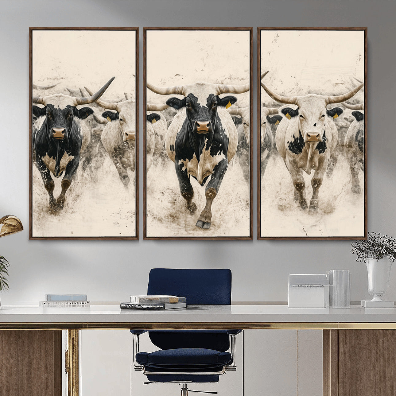 MGV-FC-48X32-3P - Cream Dust Longhorn Wall Art – Canvas Print of Western Herd Stampede, Dynamic Charge, Rustic Prairie Motion, Bold Nature Farm Decor
