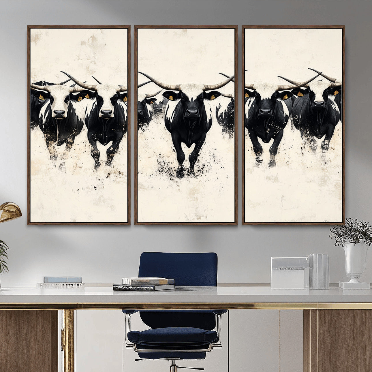 MGV-FC-48X32-3P - Longhorn Cattle Wall Art – Canvas Print of Herd in Motion, Symmetry and Ink Splatter, Minimalist Western Ranch, Bold Rustic Farm Decor