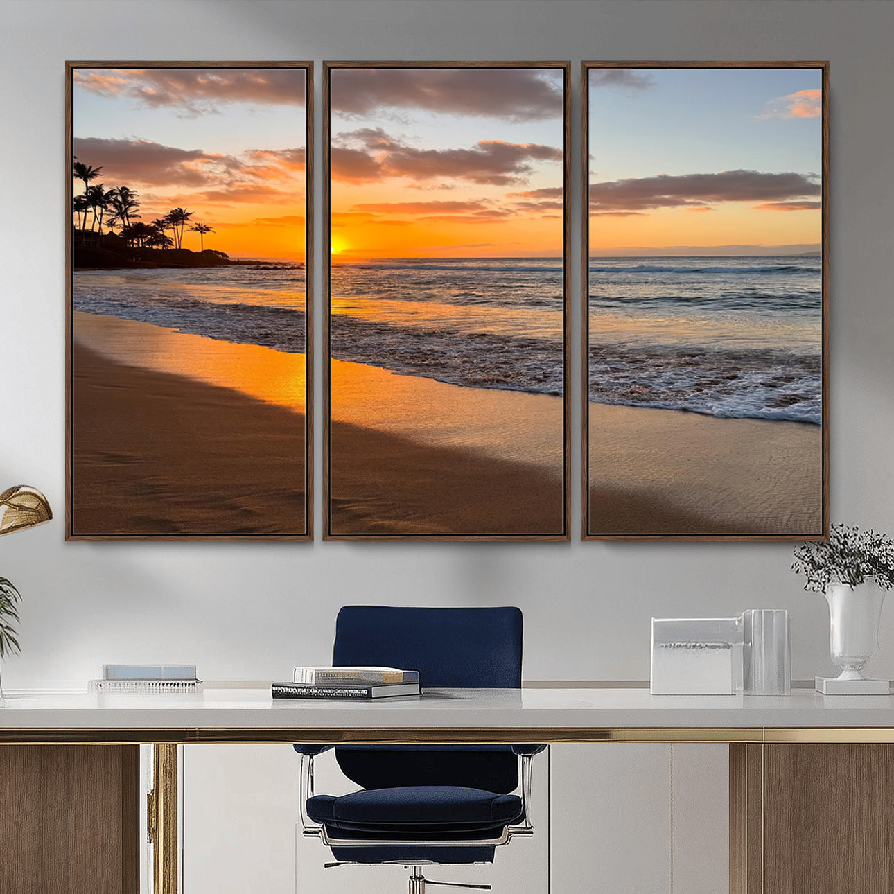 MGV-FC-48X32-3P - Sunset Glow Wall Art – Canvas Print of Ocean Breeze, Golden Sand, Tropical Palm Silhouettes, Tranquil Waves, Beach Nature Decor for Home