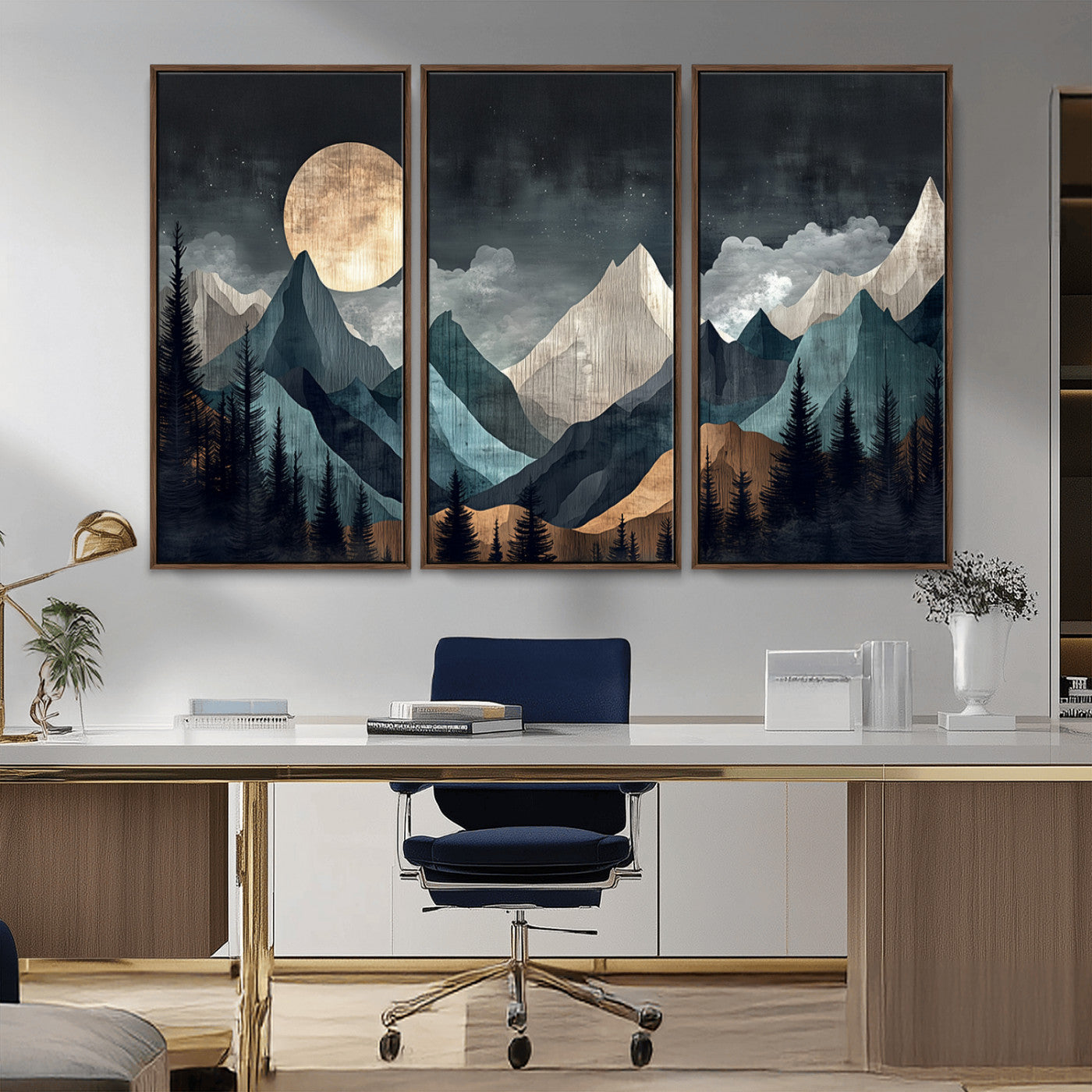 11060882-MGV-CV-36X24-Moonlit Mountain Wall Art Canvas Print – Silhouetted Pines Layered Peaks Tranquil Sky Mist Silver Light Nature Artwork for Home