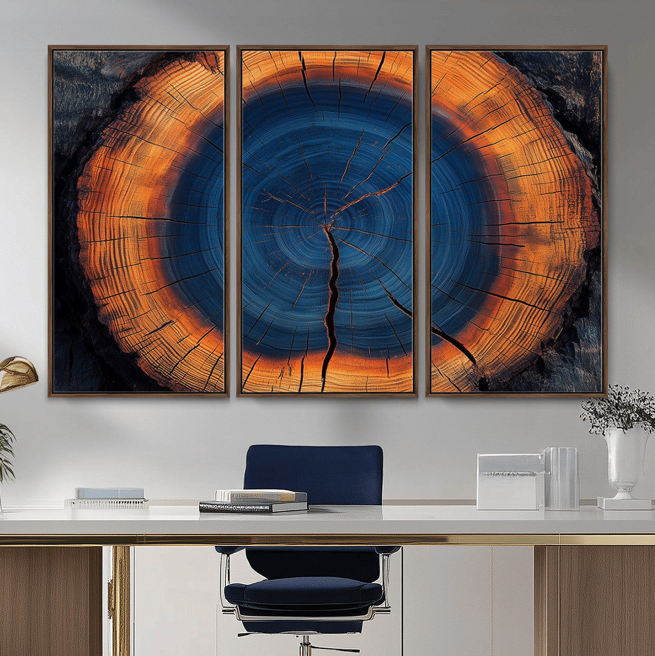 MGV-FC-48X32-3P - Abstract Tree Ring Wall Art Print, Natural Rustic Wood Texture Canvas Print, Framed Tree Ring Printing, Wood Tree Stump Artwork Canvas Print