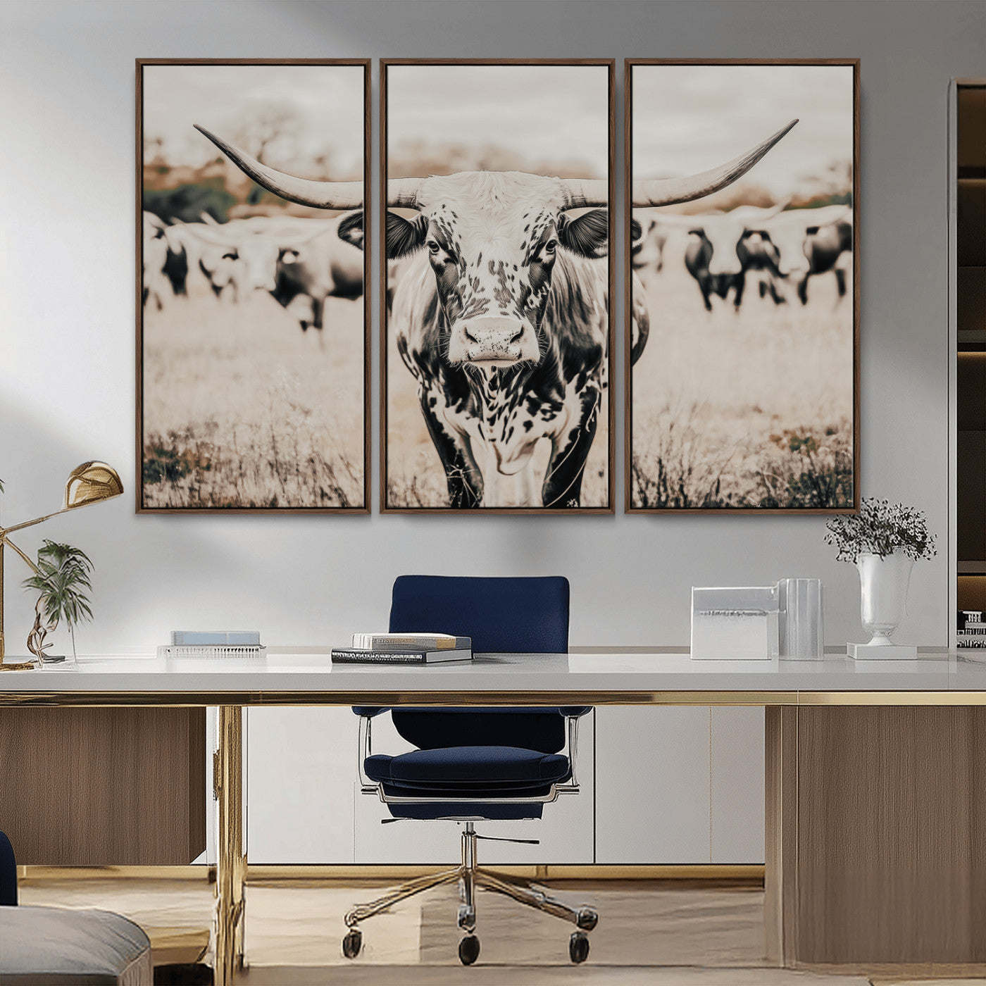 -Texas Longhorn Wall Art Canvas Print, Framed Speckled Cow Art Picture Print, Horned Cattle Perfect Rustic Western Decor Artwork