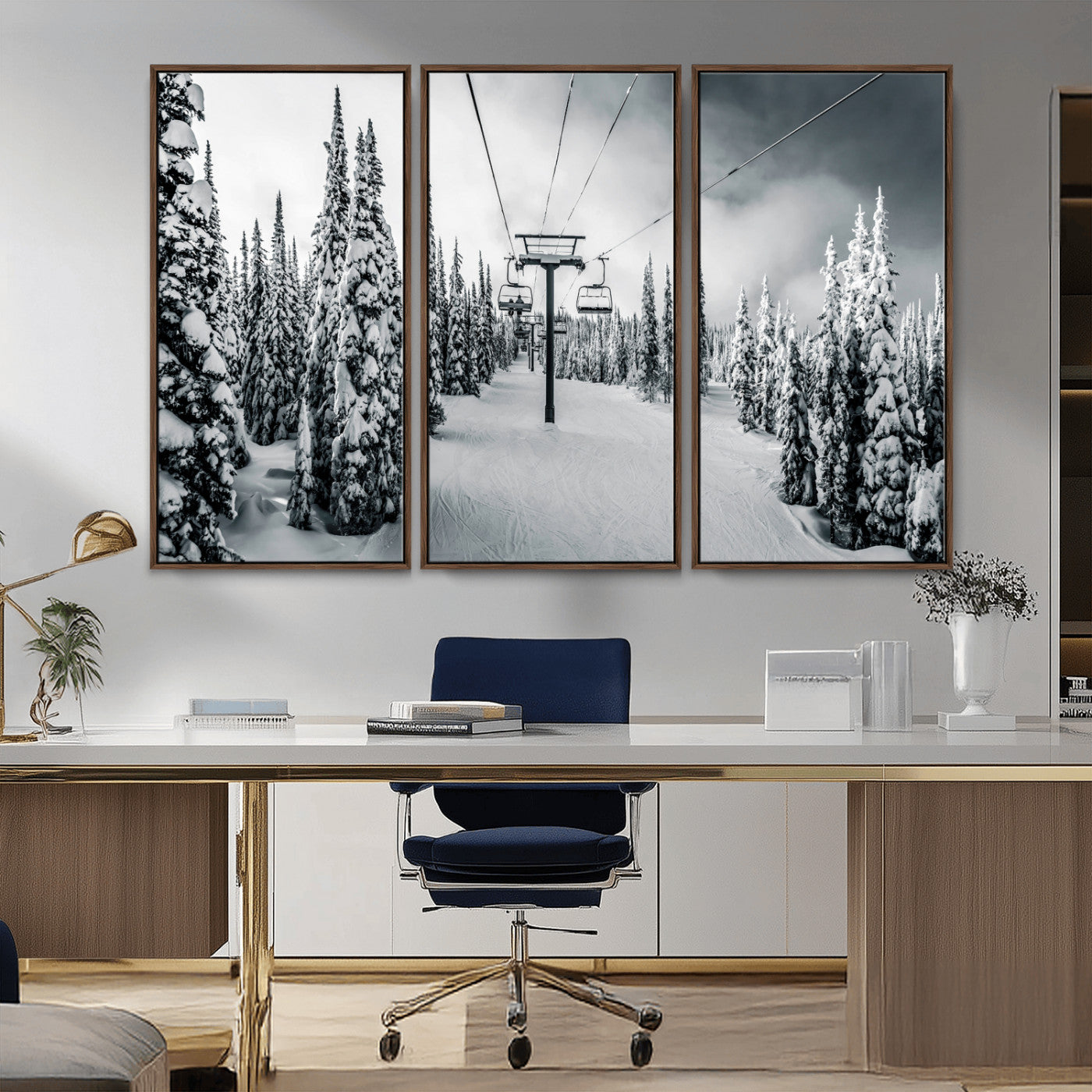 31156828-MGV-CV-36X24-Snowy Pines Wall Art Canvas Print – Framed Ski Lift Winter Forest Snowy Landscape Moody Lodge Artwork for Home, Office