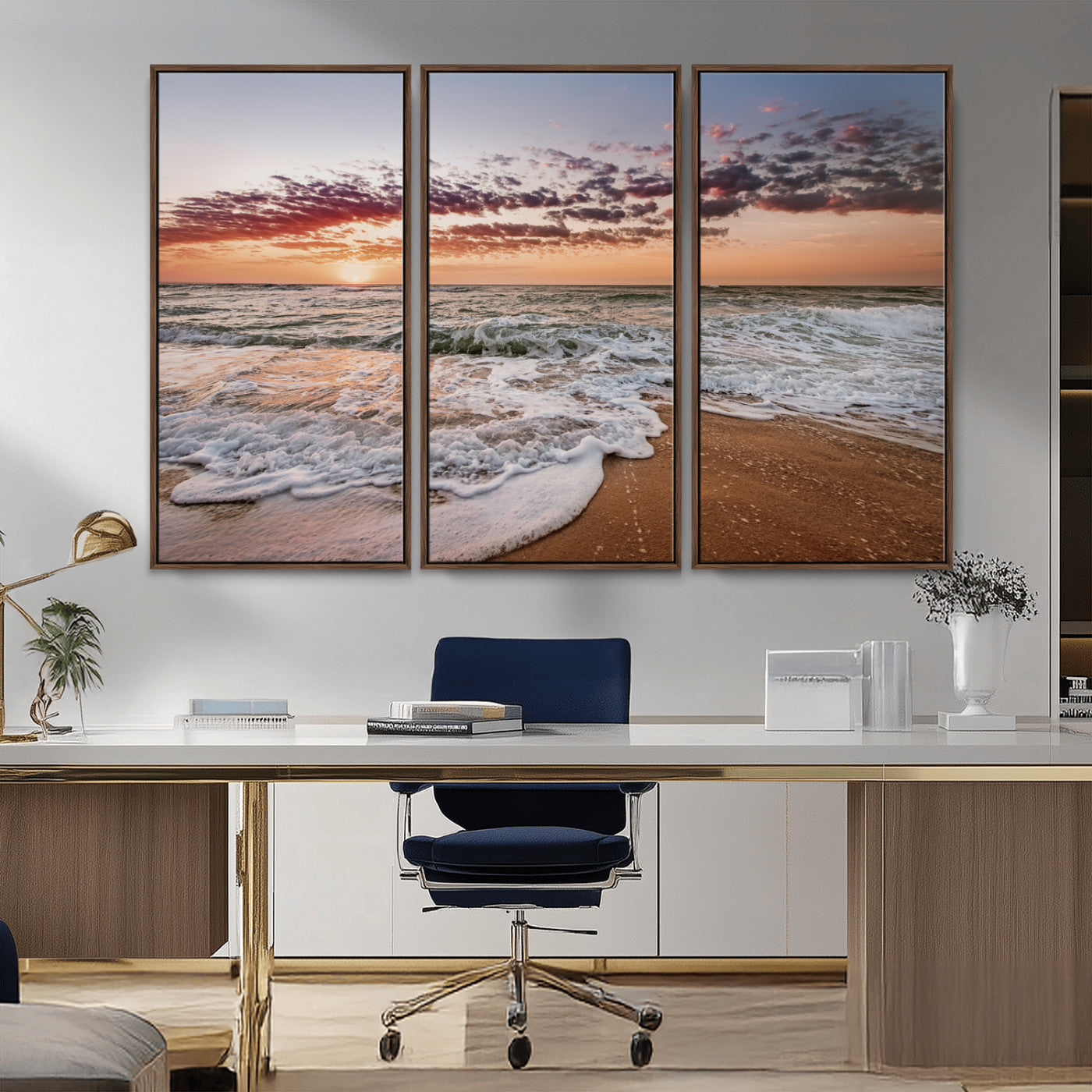 39846389-MGV-CV-36X24-Ocean Sunset Wall Art Canvas Print – Framed Sandy Shore Gentle Waves Coastal Landscape Minimalist Artwork for Home, Office
