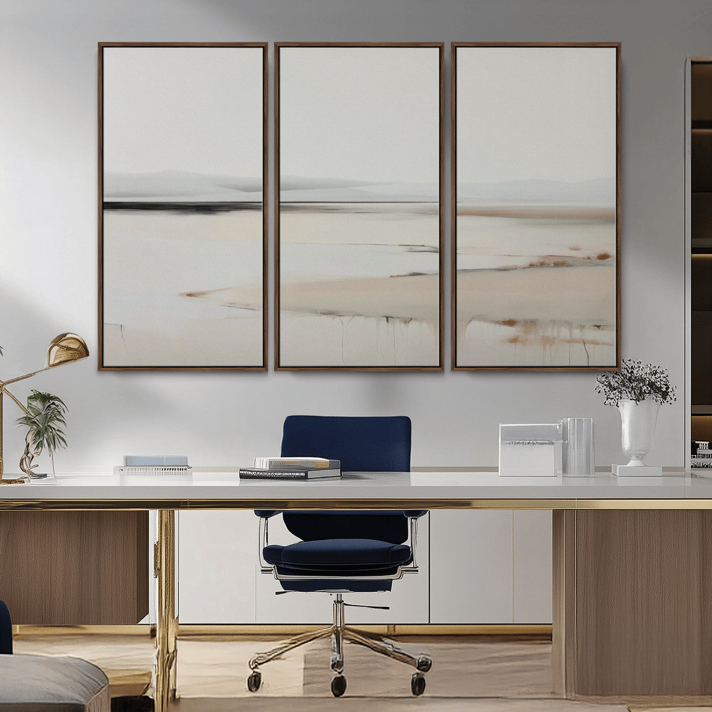 89410095-MGV-CV-36X24-Minimalist Landscape Wall Art Canvas Print – Framed Soft Horizon Abstract Seascape Earthy Tones Artwork for Home Office