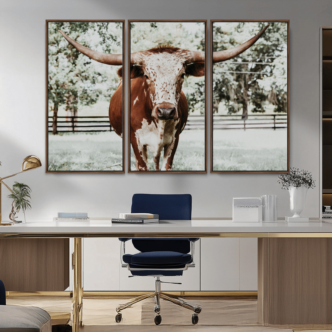 54757537-MGV-FC-48X32-3P_Walnut-Texas Longhorn Wall Art Canvas Print, Framed Spotted Cow Art Picture Print, Horned Cattle Perfect Rustic Western Decor Artwork