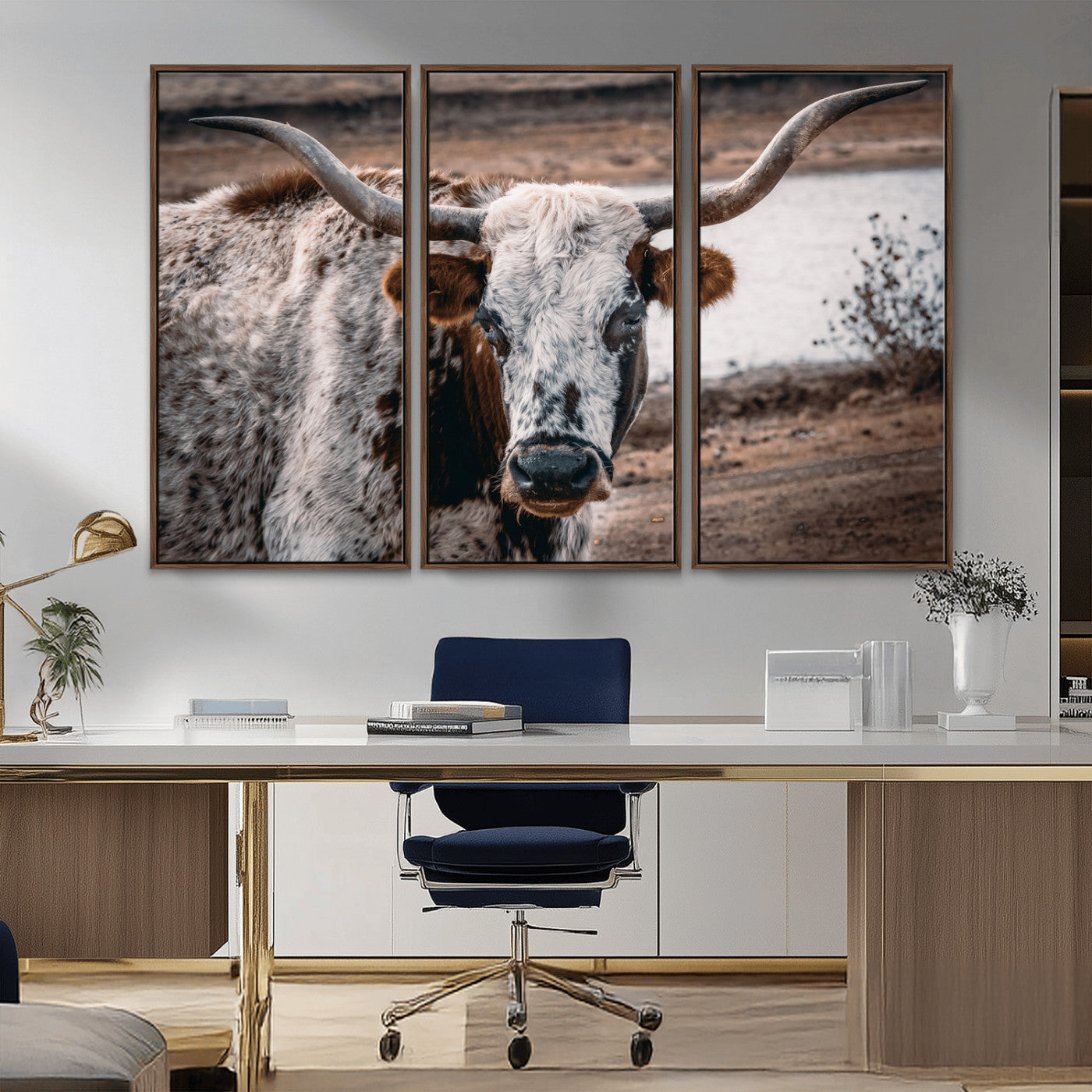 -Texas Longhorn Wall Art Canvas Print, Framed Spotted Cow Art Picture Print, Horned Cattle Perfect Rustic Western Decor Artwork