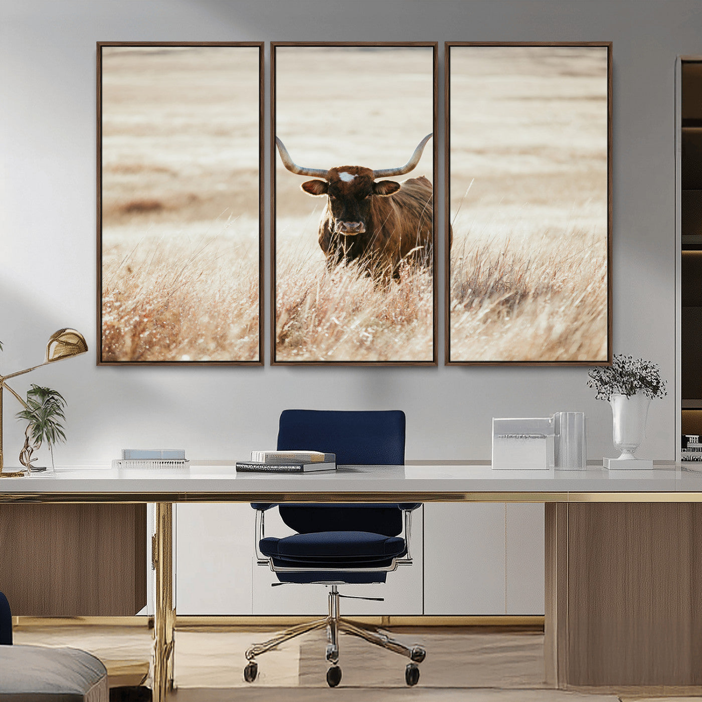 -Texas Longhorn Wall Art Canvas Print, Framed Brown Cattle Art Picture Print, Horned Bull Perfect Rustic Western Decor Artwork