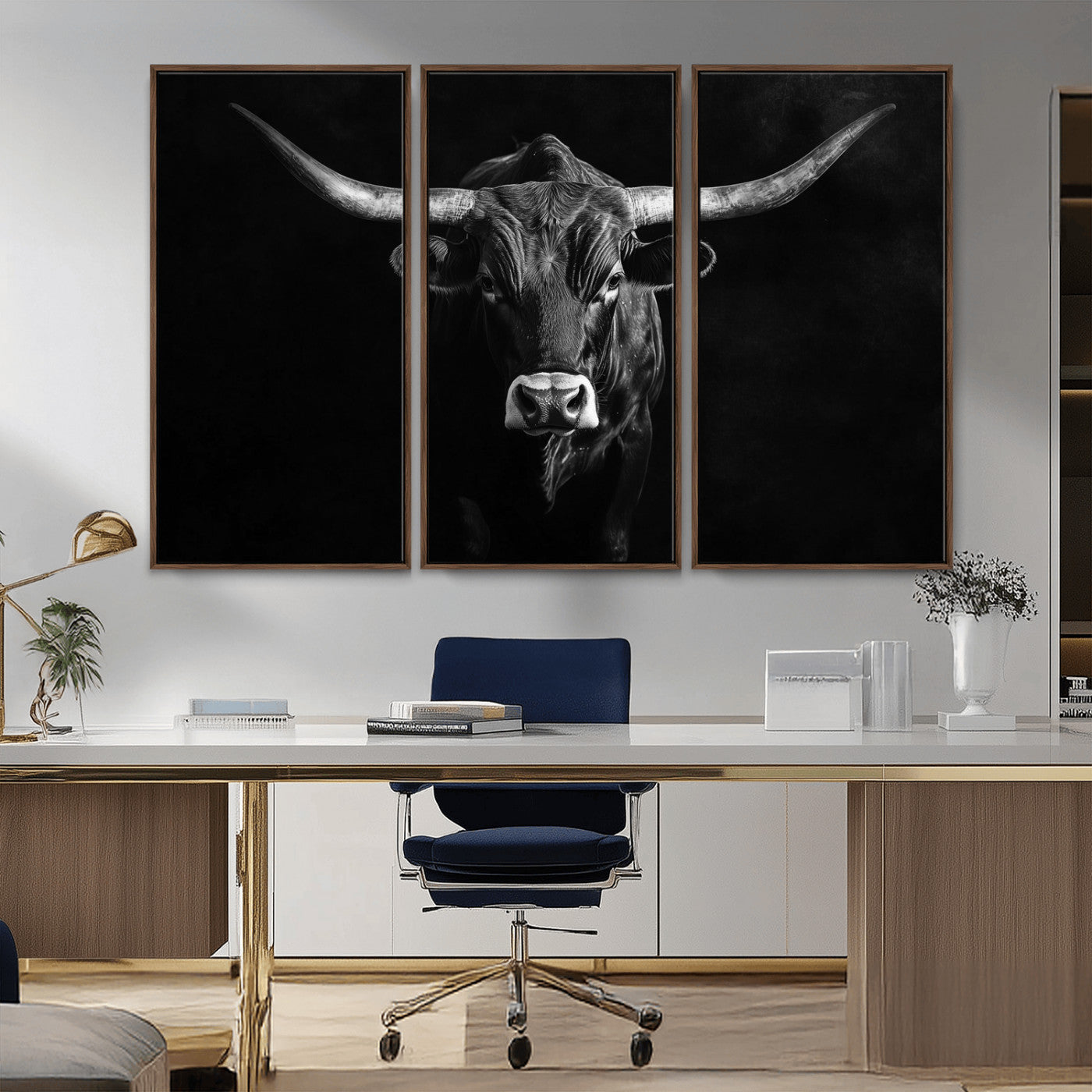 -Texas Longhorn Wall Art Canvas Print, Framed Monochrome Bull Art Picture Print, Horned Bull Perfect Rustic Western Decor Artwork