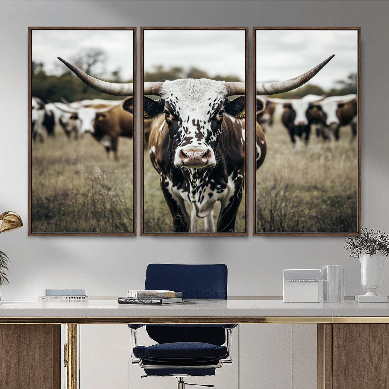 79025945-MGV-CV-36X24-Texas Longhorn Wall Art – Framed Speckled Cow Canvas Artwork, Horned Cattle Design, Western Ranch Decor for Home, Office