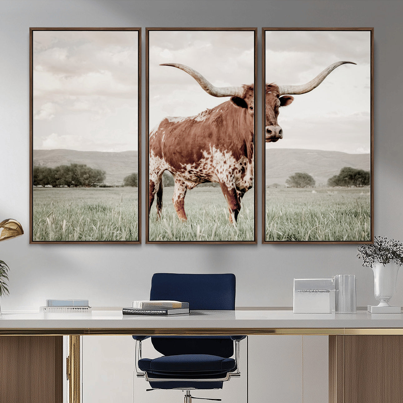 MGV-FC-48X32-3P - Texas Longhorn Wall Art Canvas Print, Framed Spotted Cattle Art Picture Print, Horned Bull Perfect Rustic Western Decor Artwork