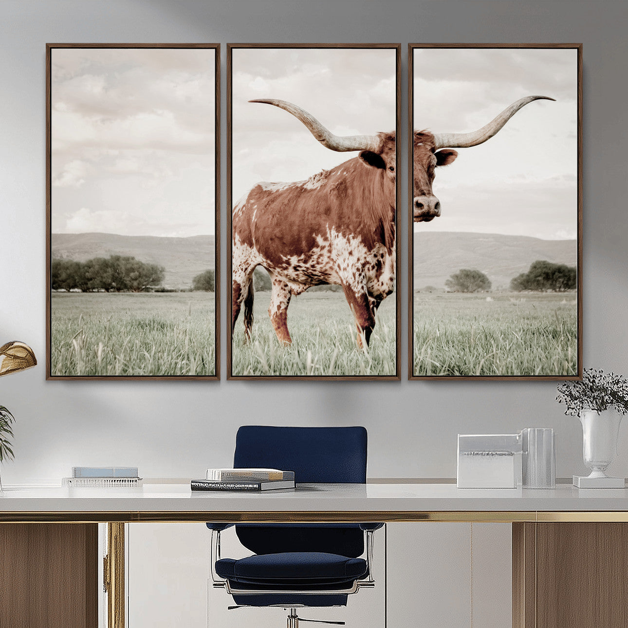 MGV-FC-48X32-3P - Texas Longhorn Wall Art Canvas Print, Framed Spotted Cattle Art Picture Print, Horned Bull Perfect Rustic Western Decor Artwork