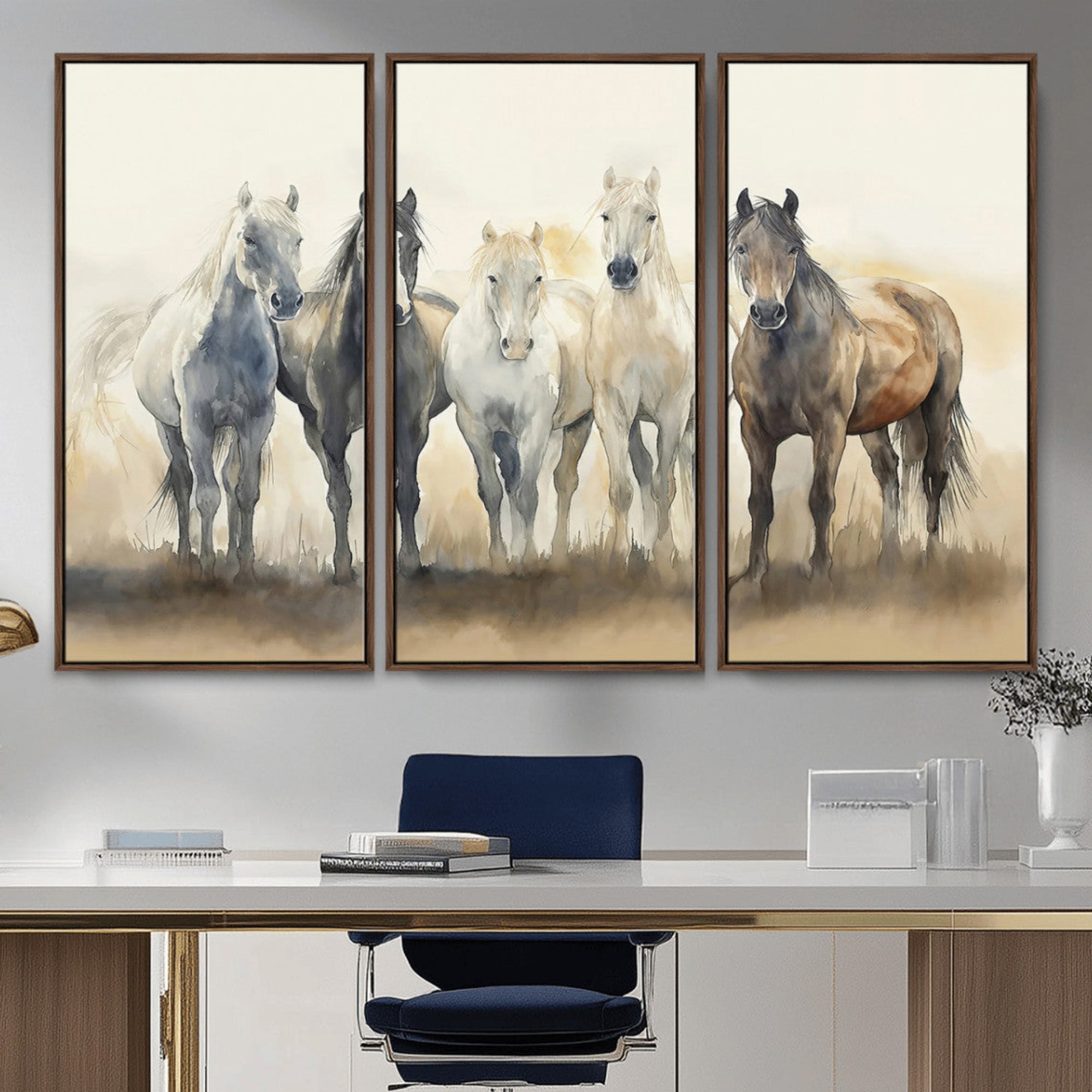 Watercolor illustration of five wild horses in soft neutral tones, perfect for rustic or western-style home decor with a calming natural vibe.