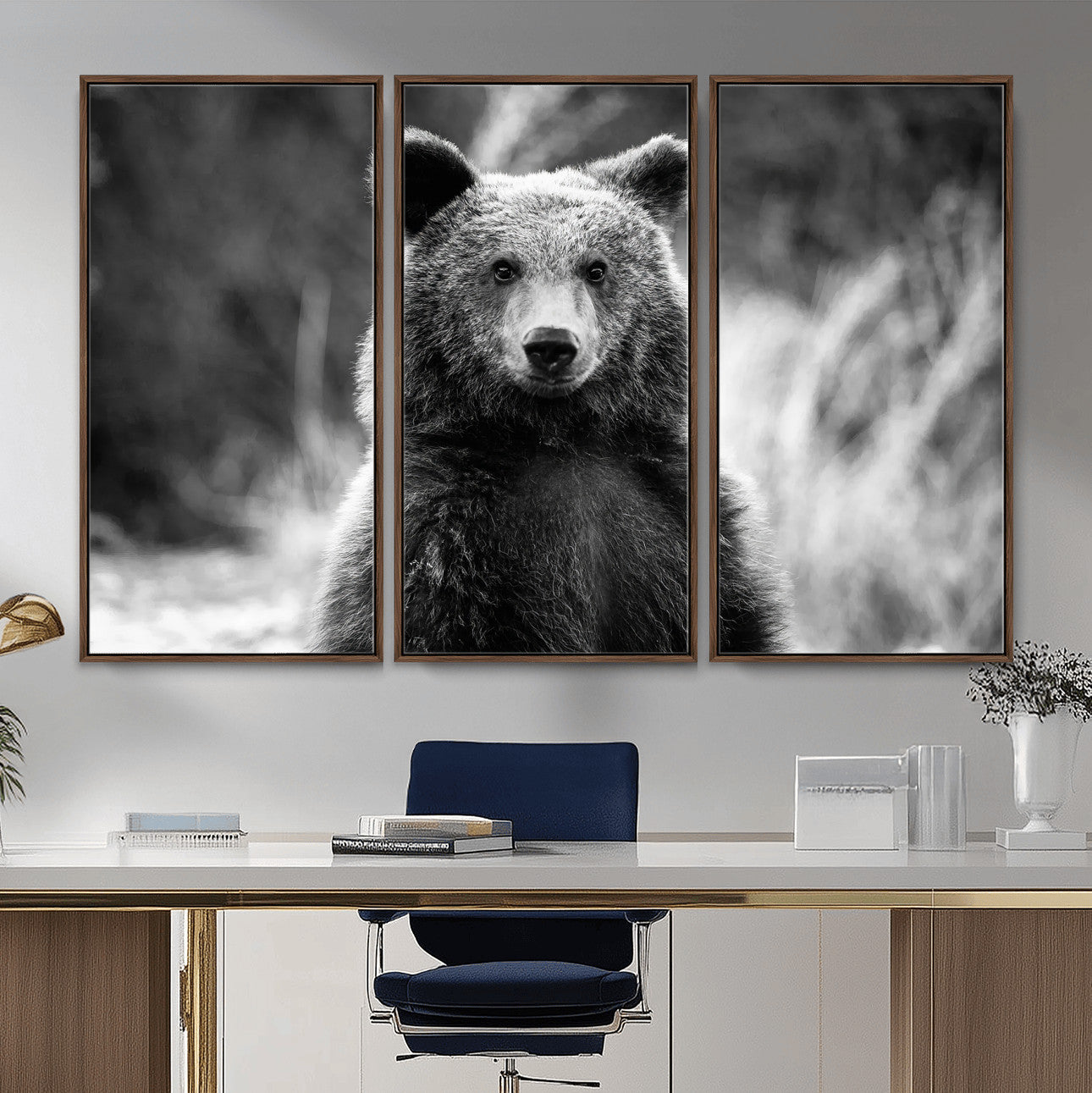 55656803-MGV-CV-36X24-Grizzly Bear Wall Art Canvas Print – Framed Black White Wildlife Rustic Nature Artwork for Home, Office Decor