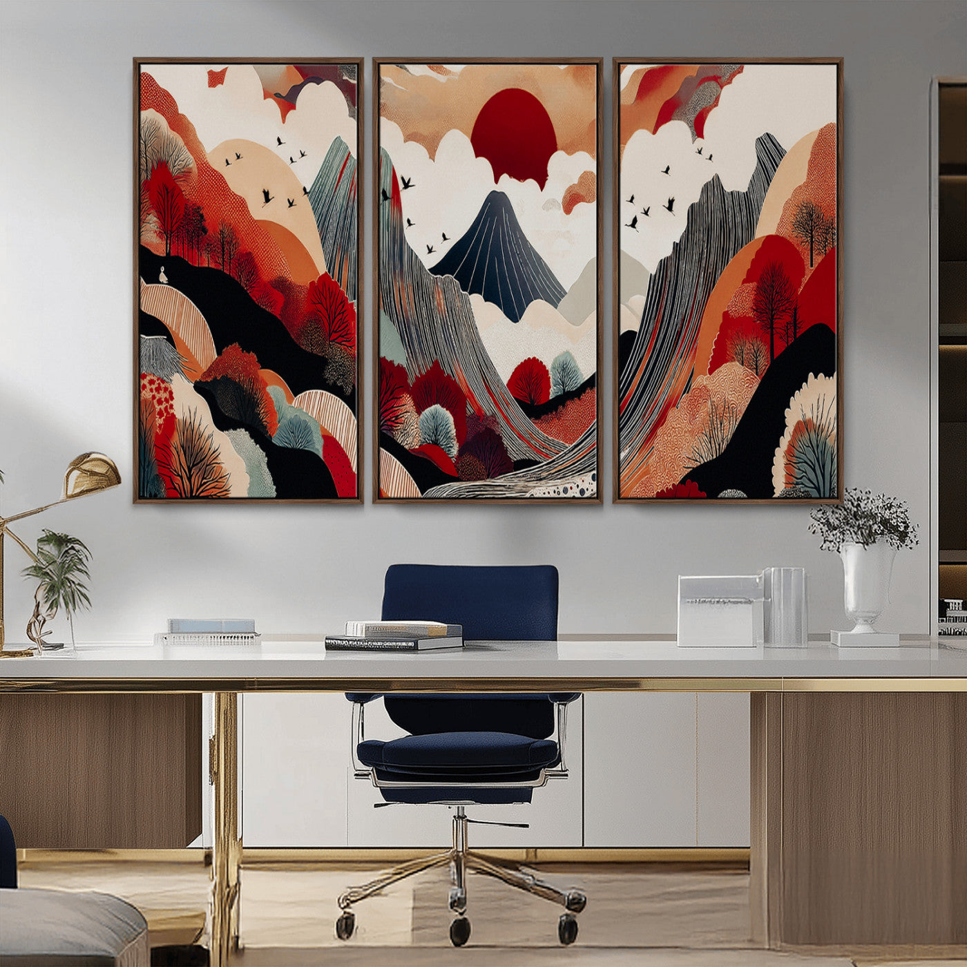 -Abstract Mountain Wall Art Canvas Print, Framed Vibrant Landscape Art Picture Print, Stylized Nature Drawing Perfect Contemporary Minimalist Decor Artwork