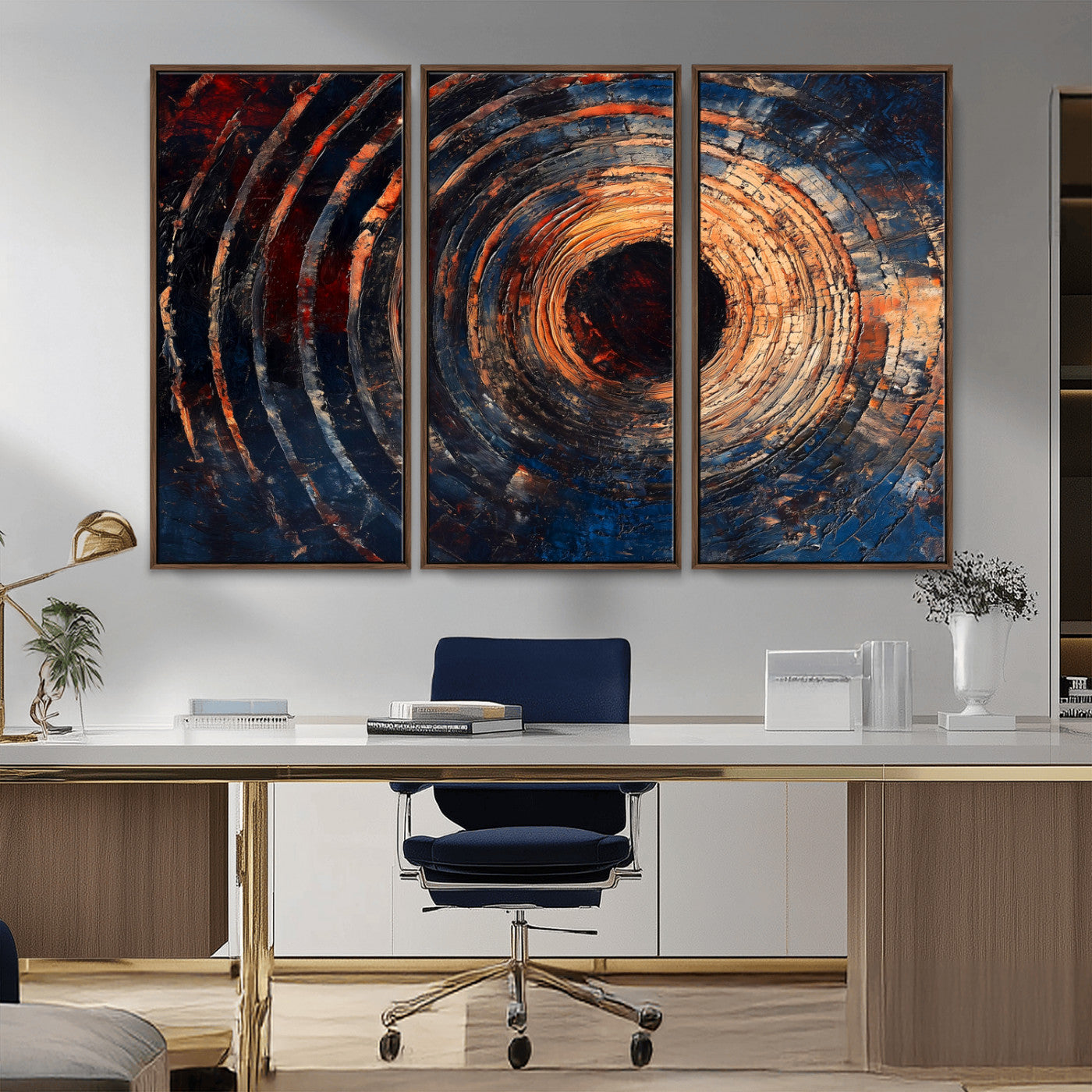 10017879-MGV-FC-48X32-3P_Walnut-Wood Tree Ring Wall Art Canvas Print – Framed Natural Wood Artwork, Rustic Tree Slice Perfect Decor for Home, Office