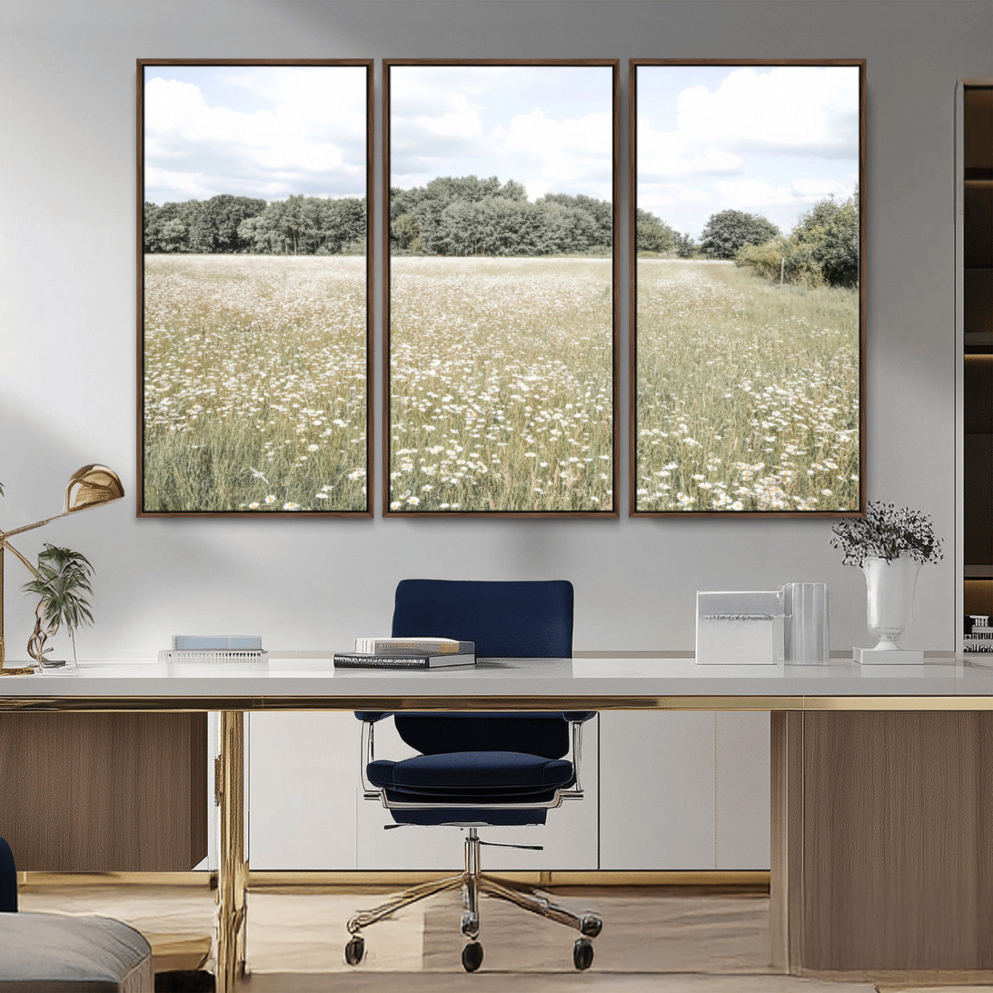 43258946-MGV-CV-36X24-Charming Daisy Field Wall Art Canvas Print – Framed Pastel Flower Meadow Bloom Scandinavian Minimal Artwork for Home Office