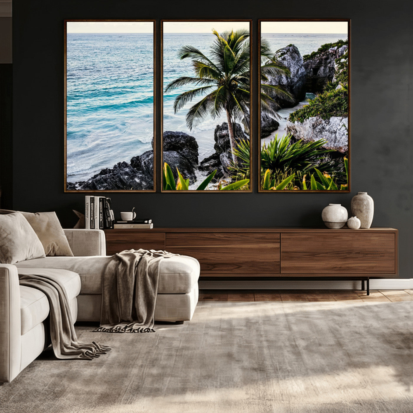 94669907-MGV-CV-36X24 - Tropical Palm Wall Art – Coastal Rocks Canvas Print, Ocean Breeze, Sandy Shore, Vibrant Green Foliage for Living Room or Beach House Decor