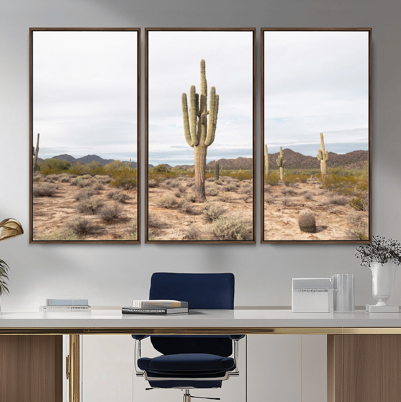 MGV-FC-48X32-3P - Saguaro Cactus Wall Art Canvas Print, Framed Desert Cactus Art Picture Print, Earthy Desert Perfect Southwestern Boho Decor Artwork