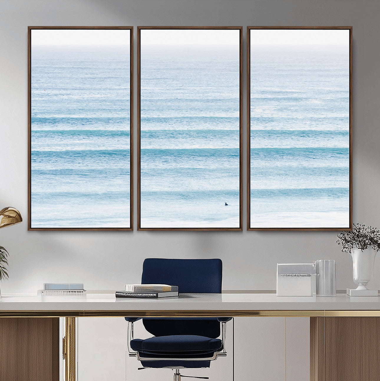 77145995-MGV-CV-36X24-Ocean Wave Surfer Wall Art – Framed Minimal Seascape Canvas Artwork, Calm Blue Water Design, Coastal Decor for Home, Office