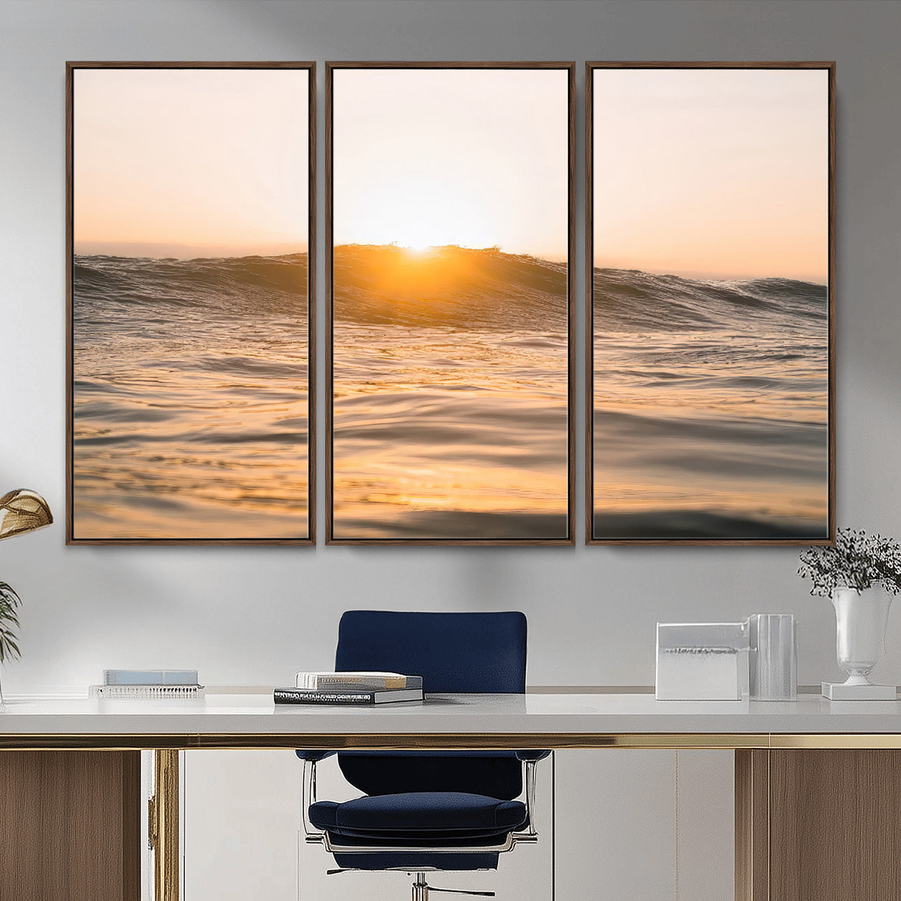 16973771-MGV-CV-36X24-Calm Water Wall Art – Framed Sunset Waves Canvas Artwork, Coastal Warm Design, Minimal Ocean Decor for Home, Office