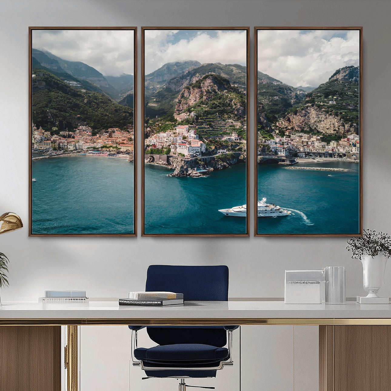 20321590-MGV-CV-36X24-Amalfi Coast Wall Art – Framed Italian Seaside Canvas Artwork, Mediterranean Landscape Design, Coastal Decor for Home, Office