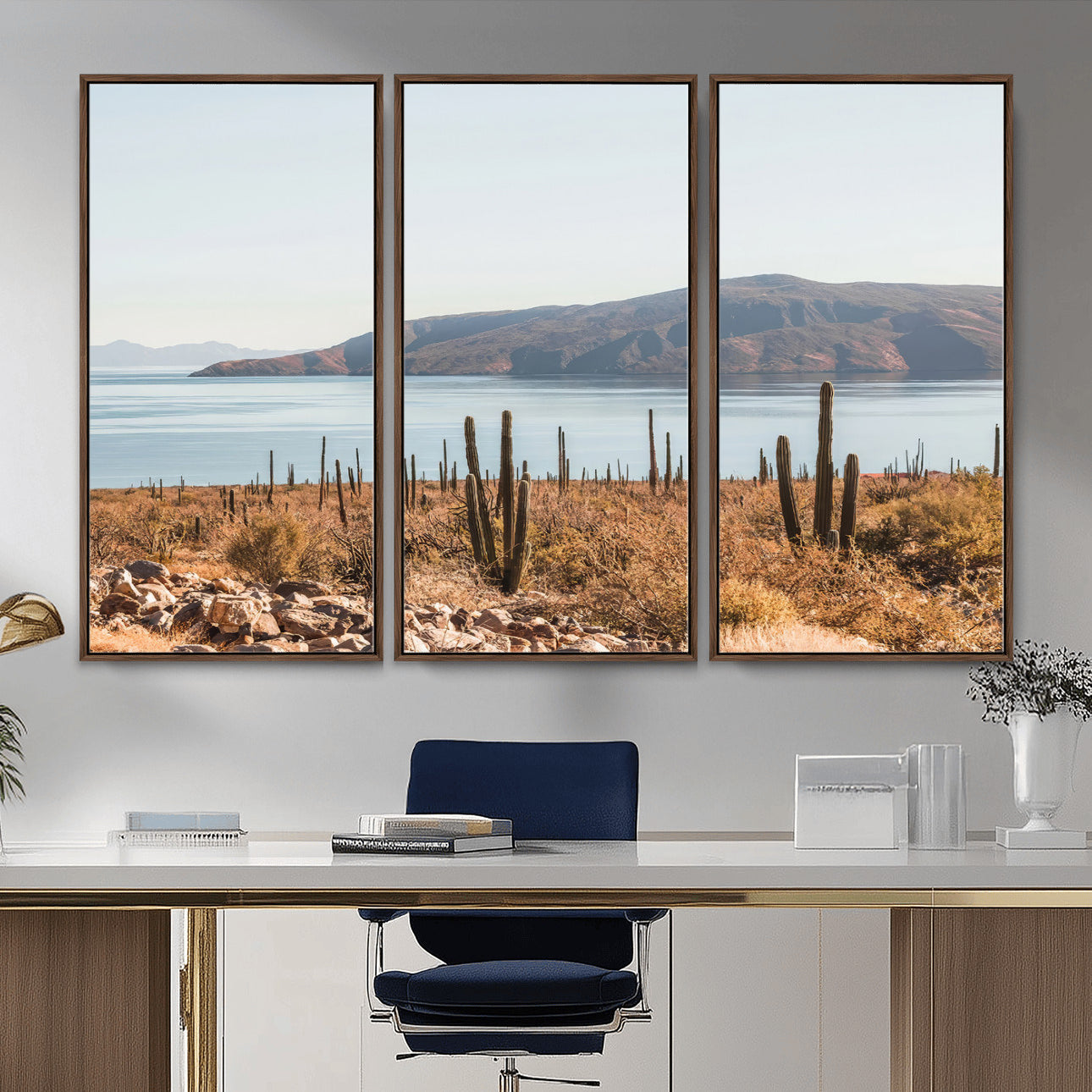 MGV-FC-48X32-3P - Desert Cactus Wall Art Canvas Print, Framed Baja Coastline Art Picture Print, Coastal Desert Perfect Southwestern Minimalist Decor Artwork