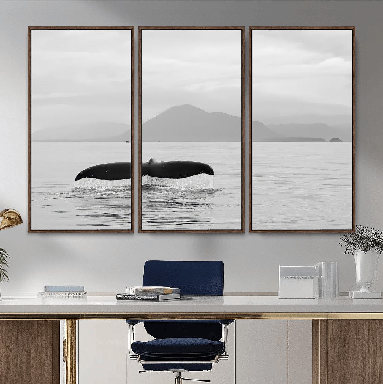 MGV-FC-48X32-3P - Whale Tail Wall Art Canvas Print, Framed Black White Ocean Art Picture Print, Calm Marine Perfect Minimalist Coastal Decor Artwork