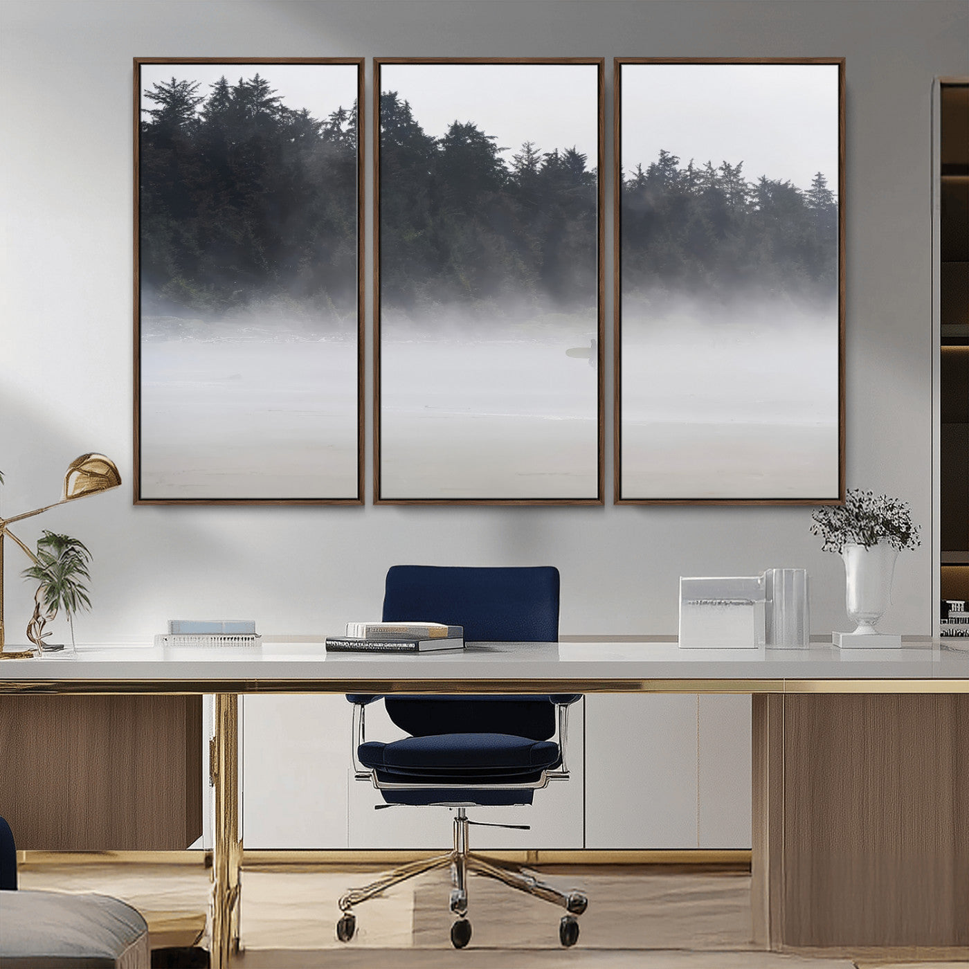 59703275-MGV-CV-36X24-Surfer Fog Wall Art Canvas Print – Framed Foggy Beach Scene with Coastal Surf Artwork for Home, Office, Living Room