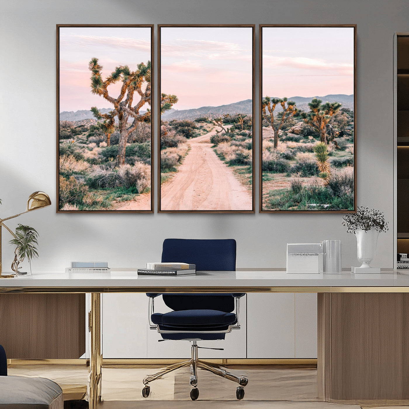 MGV-FC-48X32-3P - Desert Trail Wall Art – Canvas Print of Joshua Trees & Sunset Glow, Sandy Path Wilderness, Scenic Nature Escape Decor for Living Room, Office or Bedroom