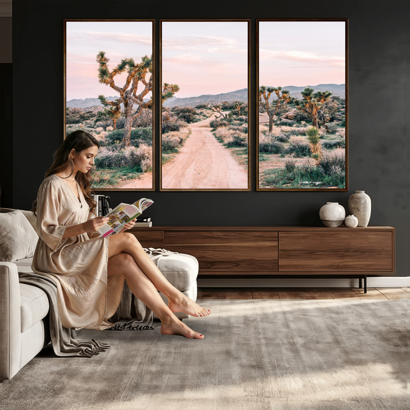 12540952-MGV-CV-36X24 - Desert Trail Wall Art – Canvas Print of Joshua Trees & Sunset Glow, Sandy Path Wilderness, Scenic Nature Escape Decor for Living Room, Office or Bedroom