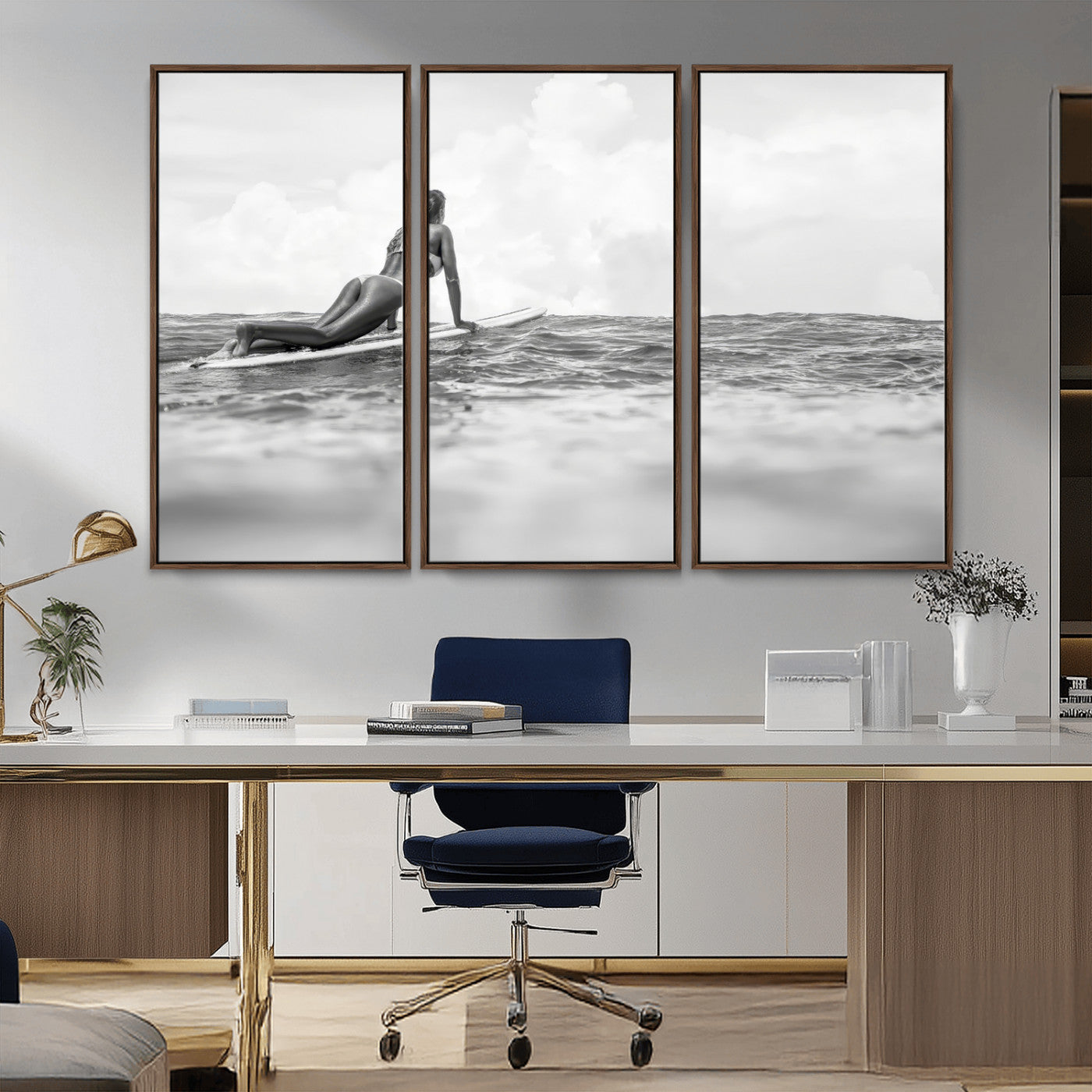 69798068-MGV-CV-36X24-Black and White Surfing Wall Art Canvas Print – Framed Ocean Horizon with Surfer Girl Coastal Adventure Artwork for Home, Office